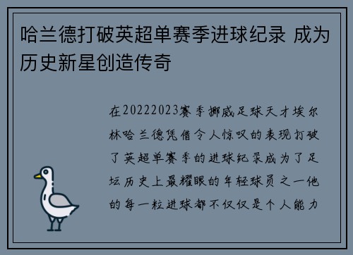 哈兰德打破英超单赛季进球纪录 成为历史新星创造传奇