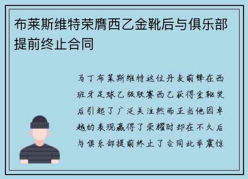 布莱斯维特荣膺西乙金靴后与俱乐部提前终止合同
