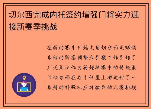 切尔西完成内托签约增强门将实力迎接新赛季挑战
