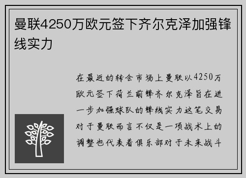 曼联4250万欧元签下齐尔克泽加强锋线实力